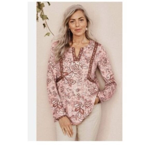 J. Jill Womens Floral Print Boho Tunic Top size 2X plus Pink  Brown Rayon - Picture 1 of 8
